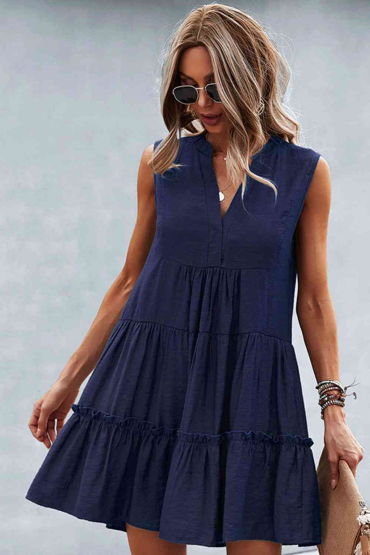 Frill Trim Notched Sleeveless Tiered Dress |1mrk.com