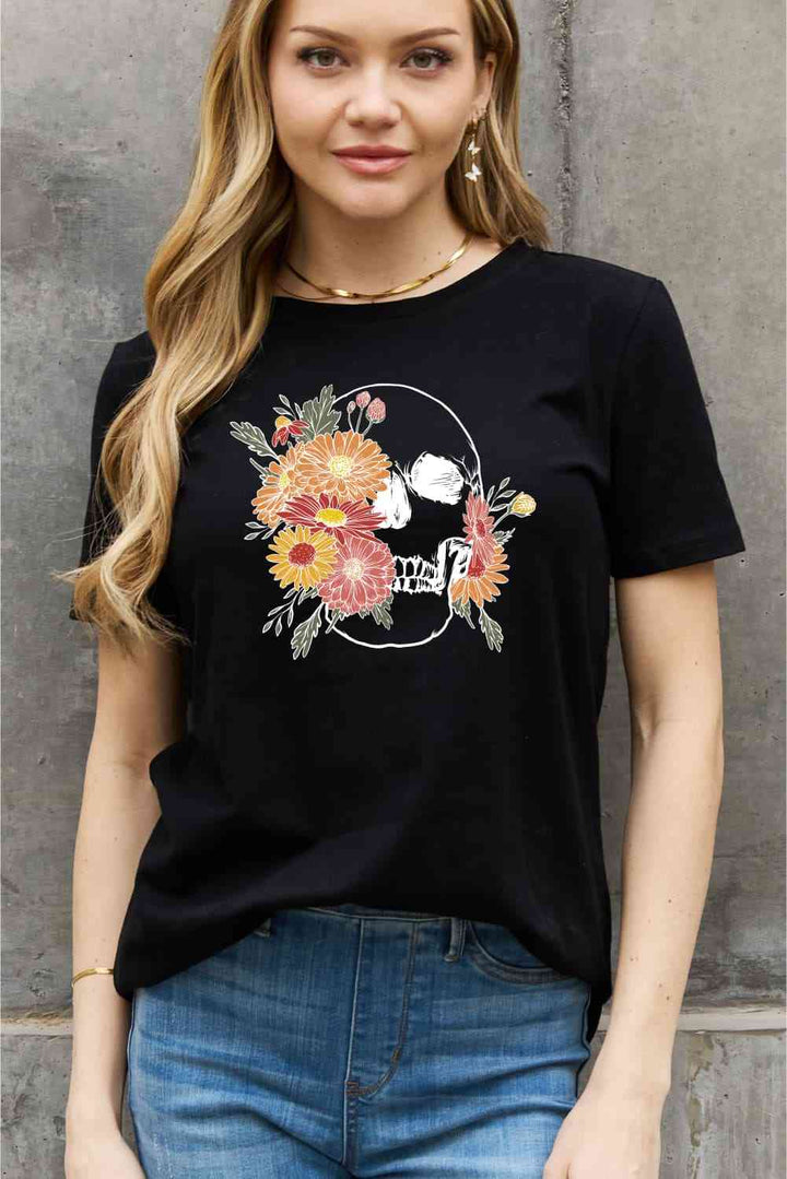 Simply Love Full Size Flower Skull Graphic Cotton Tee | 1mrk.com