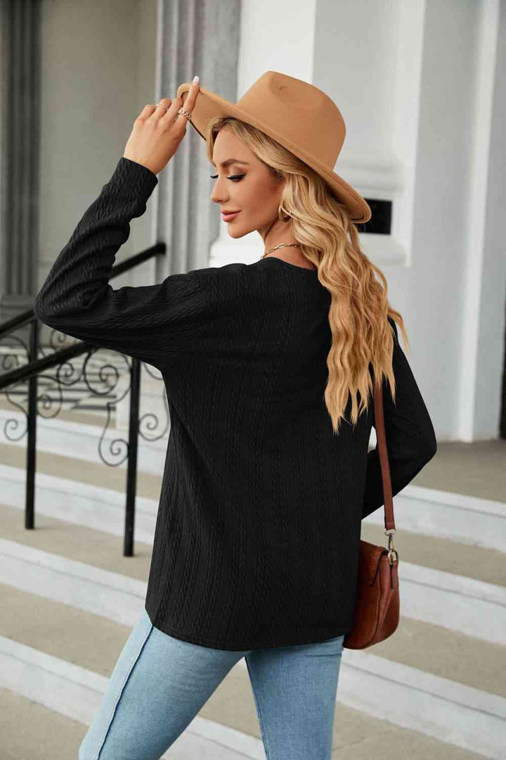 Decorative Button V-Neck Long Sleeve T-Shirt | 1mrk.com