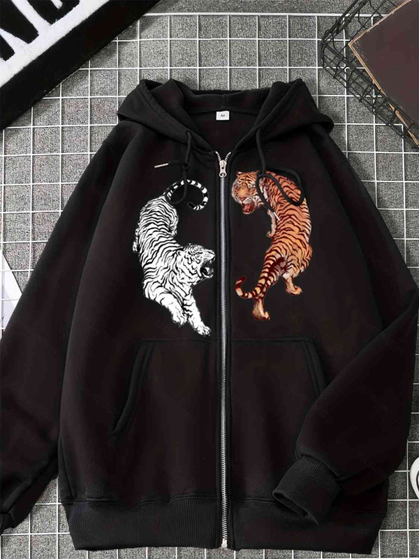 Tiger Graphic Zip Up Drawstring Hoodie with Pockets | 1mrk.com