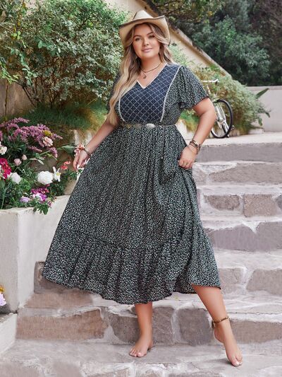 Plus Size Printed V-Neck Flutter Sleeve Midi Dress | Trendsi