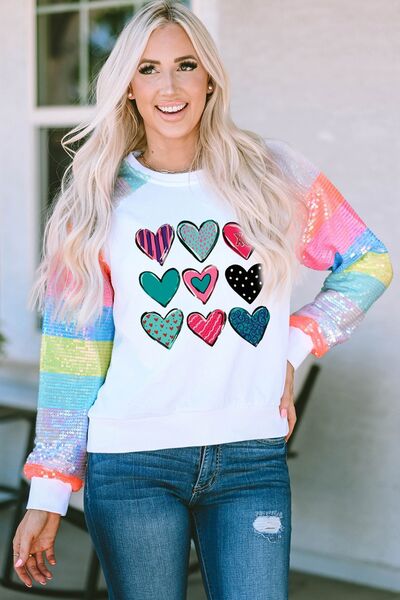 Heart Graphic Sequin Long Sleeve Sweatshirt | Trendsi