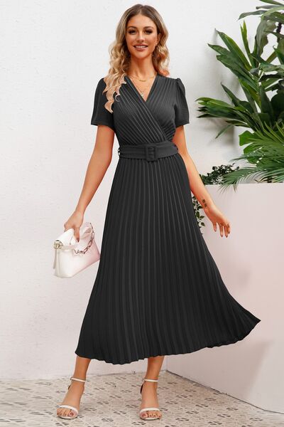 Pleated Surplice Short Sleeve Midi Dress |1mrk.com