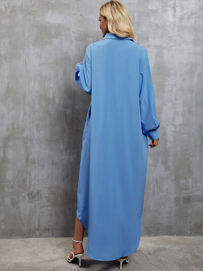 Button Up Dropped Shoulder Roll-Tab Sleeve Dress |1mrk.com