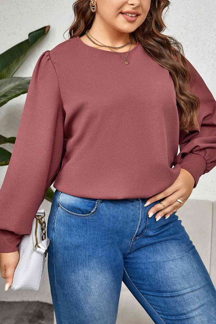 Plus Size Round Neck Puff Sleeve Top |1mrk.com