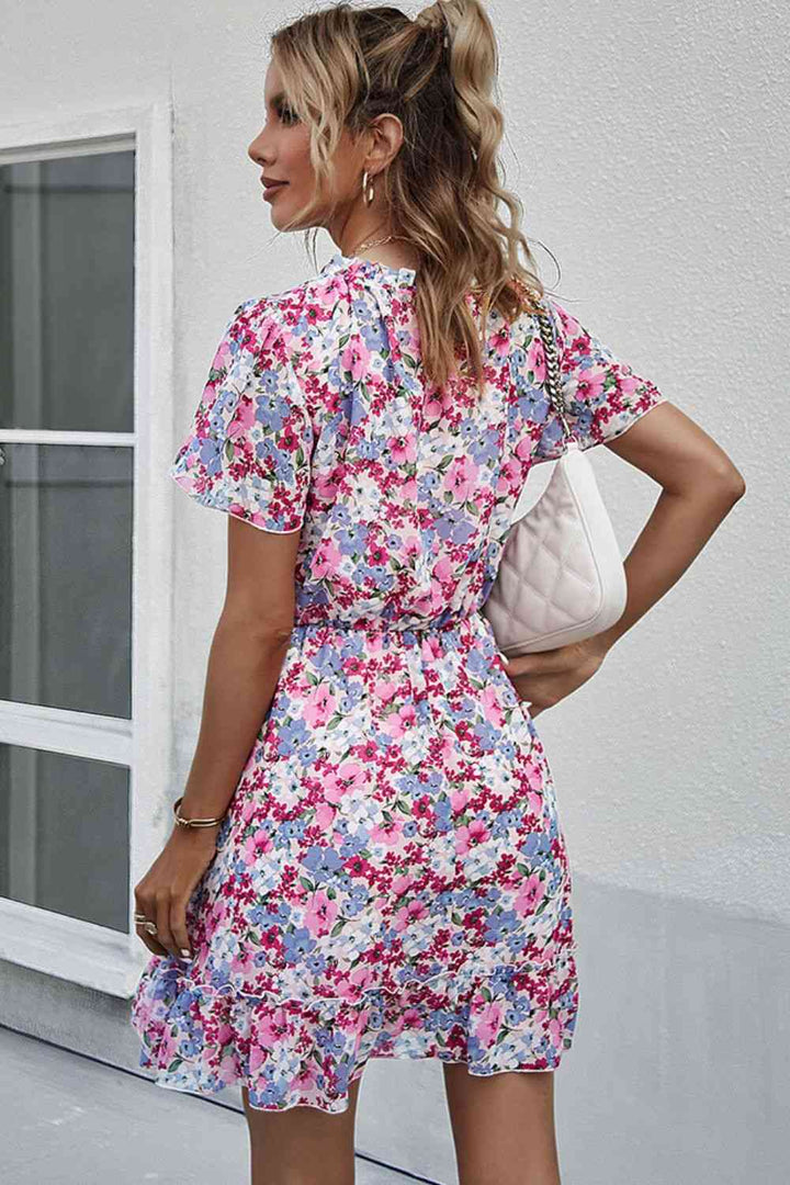 Floral Tie-Neck Flutter Sleeve Mini Dress |1mrk.com