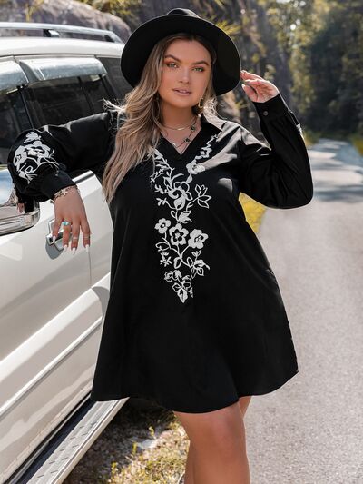 Plus Size Embroidered Long Sleeve Mini Dress |1mrk.com