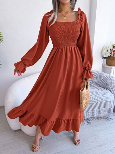 Smocked Square Neck Flounce Sleeve Dress |1mrk.com