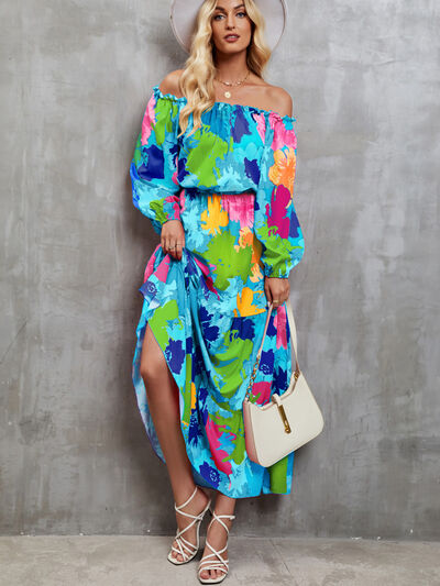 Printed Off-Shoulder Balloon Sleeve Tiered Dress |1mrk.com