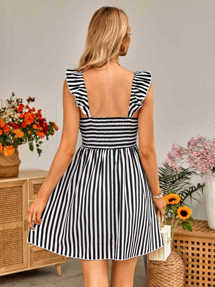 Striped Smocked Ruffle-Shoulder Sleeveless Dress |1mrk.com