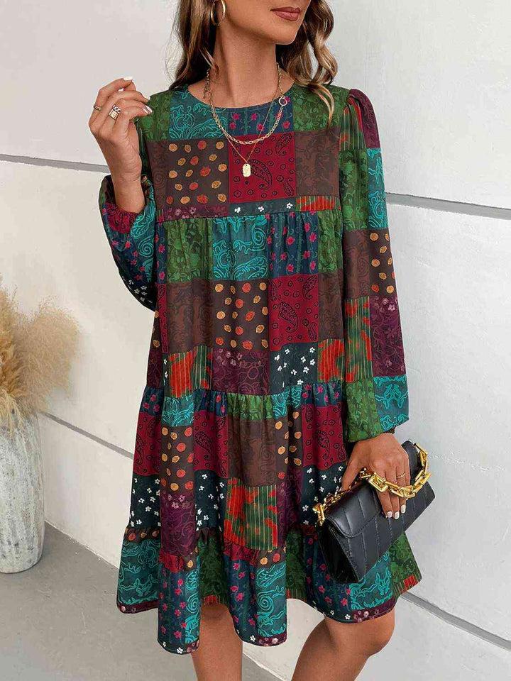 Patchwork Round Neck Long Sleeve Dress | 1mrk.com