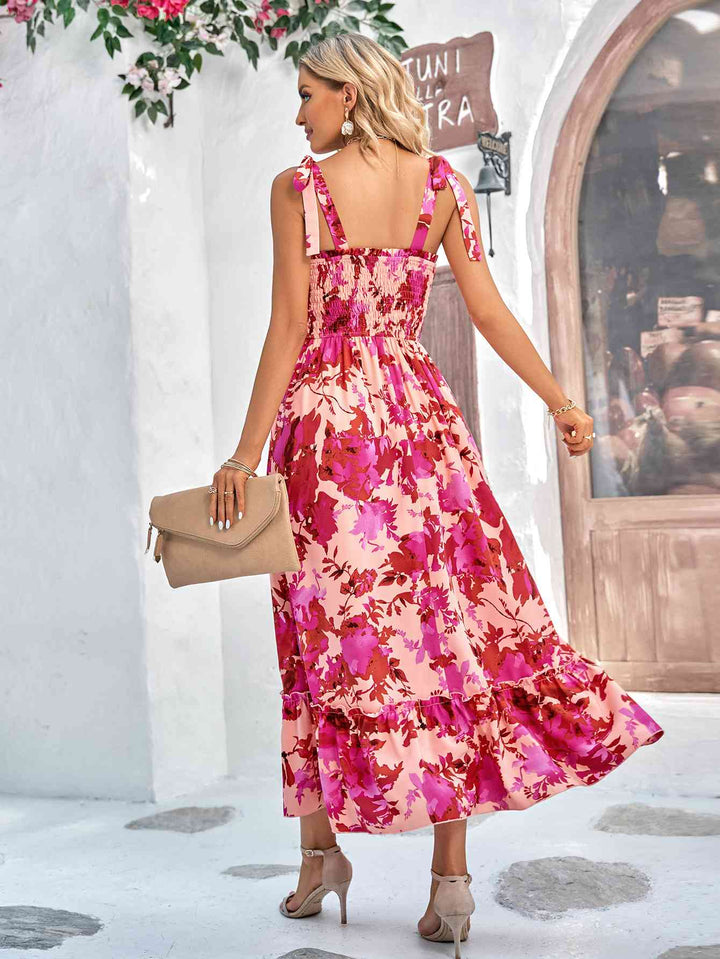 Floral Tie-Shoulder Frill Trim Smocked Dress |1mrk.com