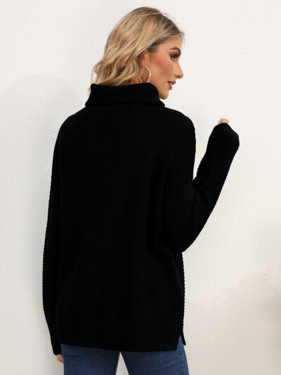 Slit Turtleneck Dropped Shoulder Sweater |1mrk.com