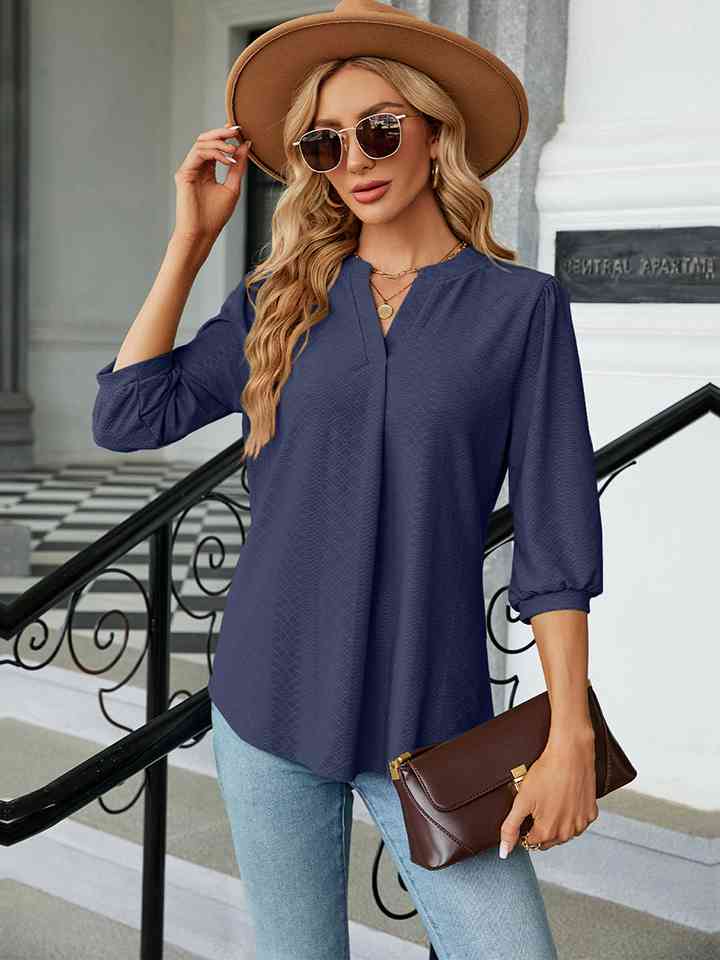 Notched Neck Three-Quarter Sleeve Blouse | 1mrk.com