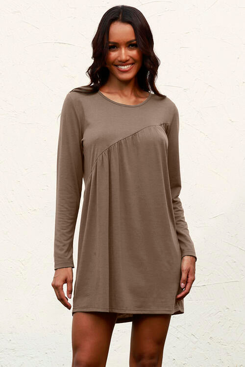 Ruched Round Neck Long Sleeve Dress | 1mrk.com