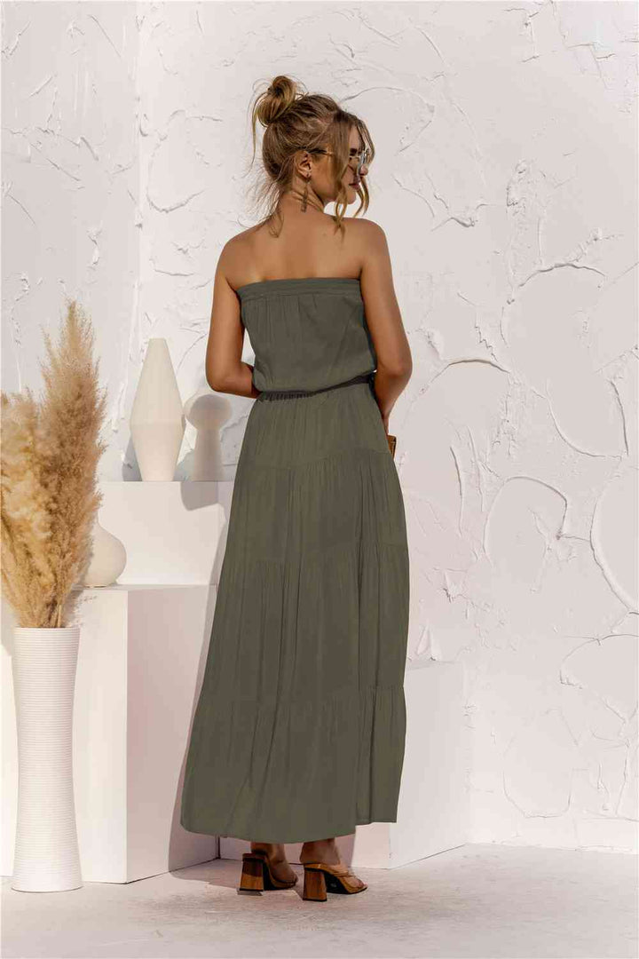 Strapless Tie Waist Tiered Maxi Dress |1mrk.com