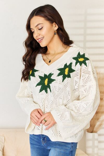 POL Floral Embroidered Pattern V-Neck Sweater |1mrk.com