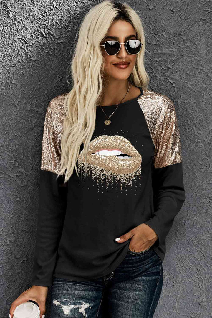 Lip Graphic Sequin Long Sleeve T-Shirt | 1mrk.com