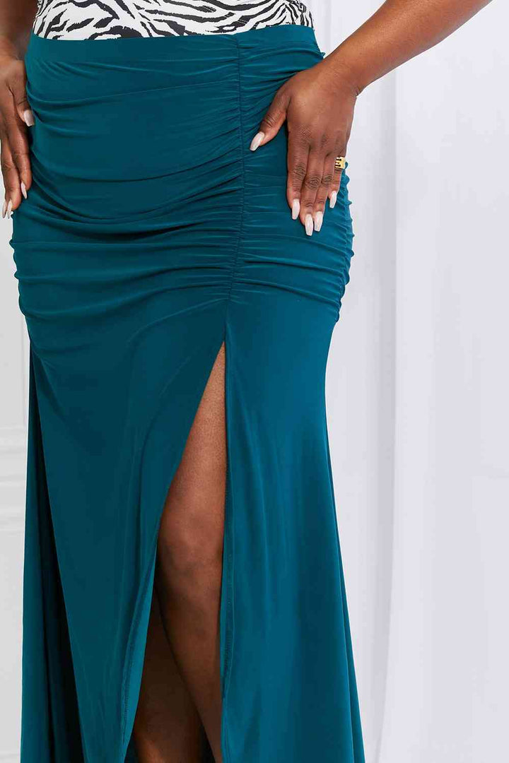 White Birch Full Size Up and Up Ruched Slit Maxi Skirt in Teal | 1mrk.com