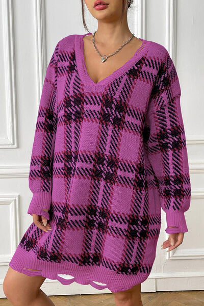 Plaid V-Neck Long Sleeve Sweater Dress | 1mrk.com