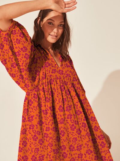 Floral Tie Neck Balloon Sleeve Dress |1mrk.com