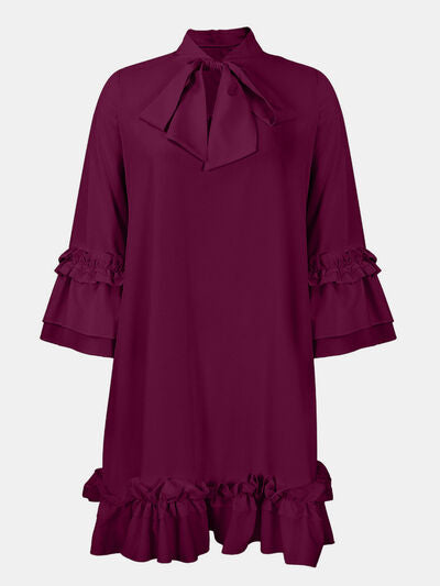 Frill Tie Neck Three-Quarter Sleeve Dress |1mrk.com