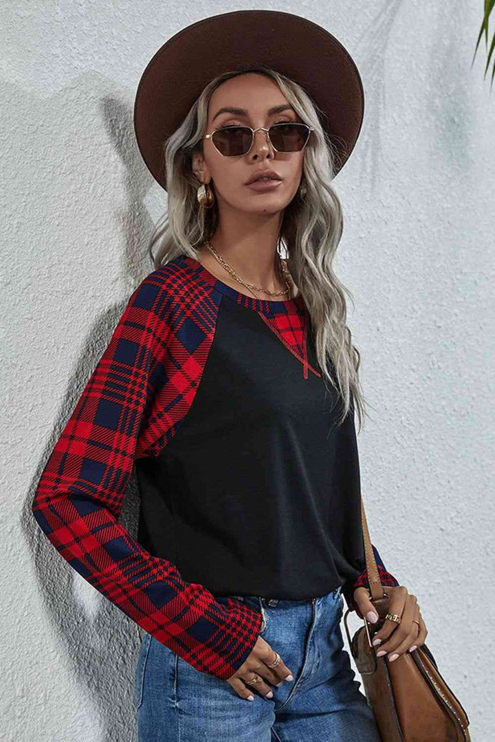 Double Take Plaid Print Long Raglan Sleeve Tee | 1mrk.com