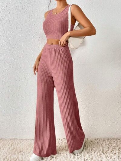 Ribbed Round Neck Tank and Pants Sweater Set |1mrk.com