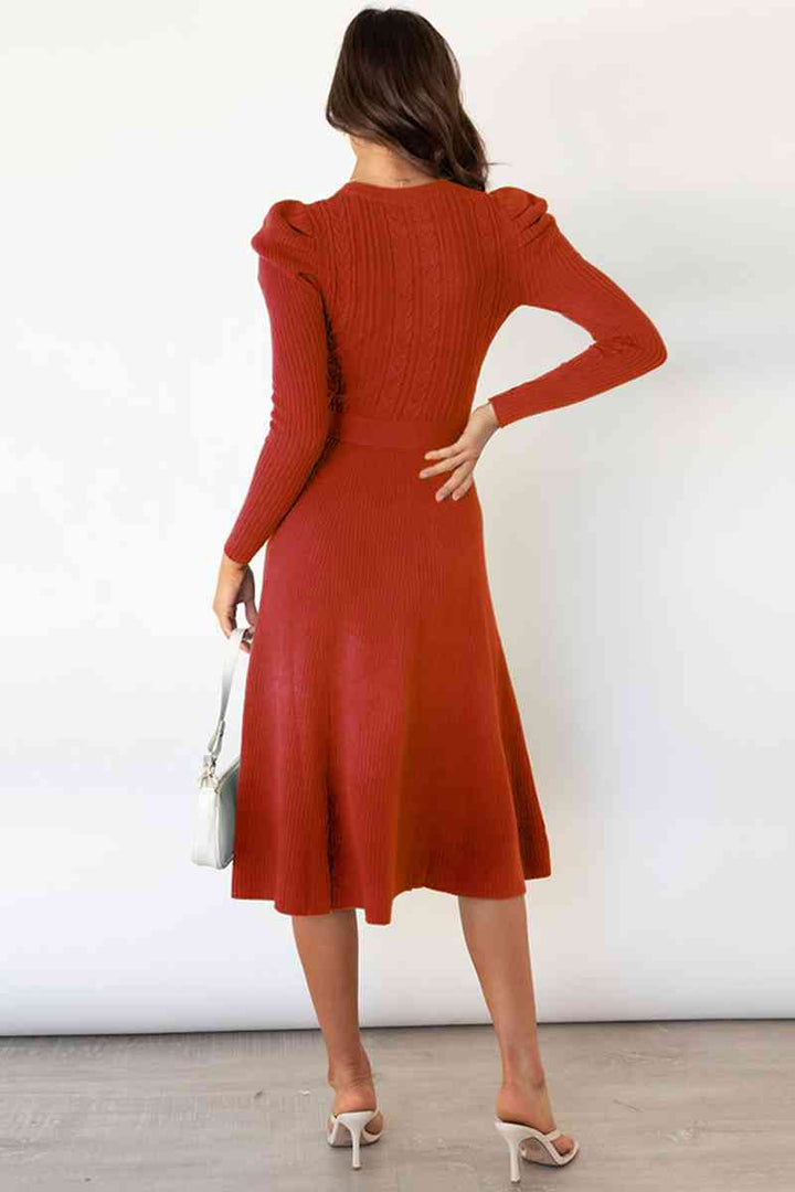 Round Neck Long Sleeve Tie Waist Sweater Dress | 1mrk.com