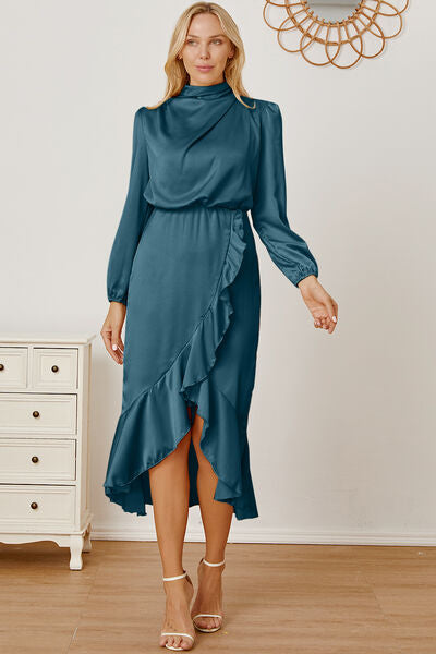 Mock Neck Ruffled Asymmetrical Dress |1mrk.com