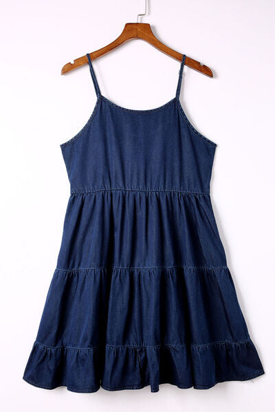 Spaghetti Strap Tiered Denim Dress |1mrk.com