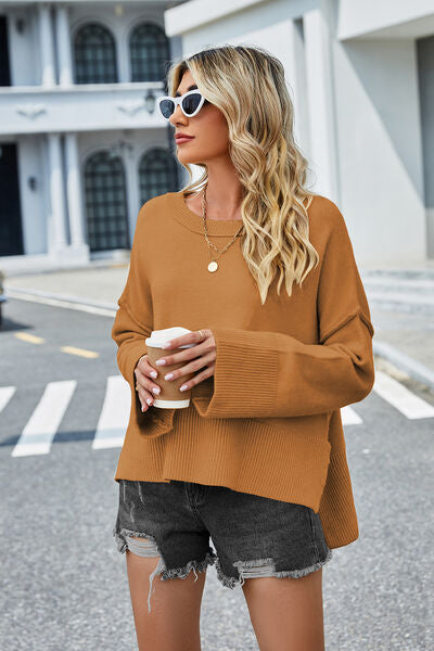 High-Low Slit Round Neck Long Sleeve Sweater | Trendsi