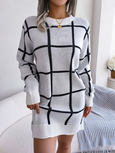 Plaid Round Neck Dropped Shoulder Sweater Dress |1mrk.com