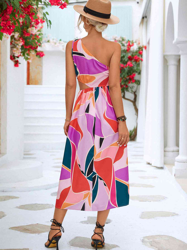 Printed Cutout One-Shoulder Sleeveless Dress |1mrk.com