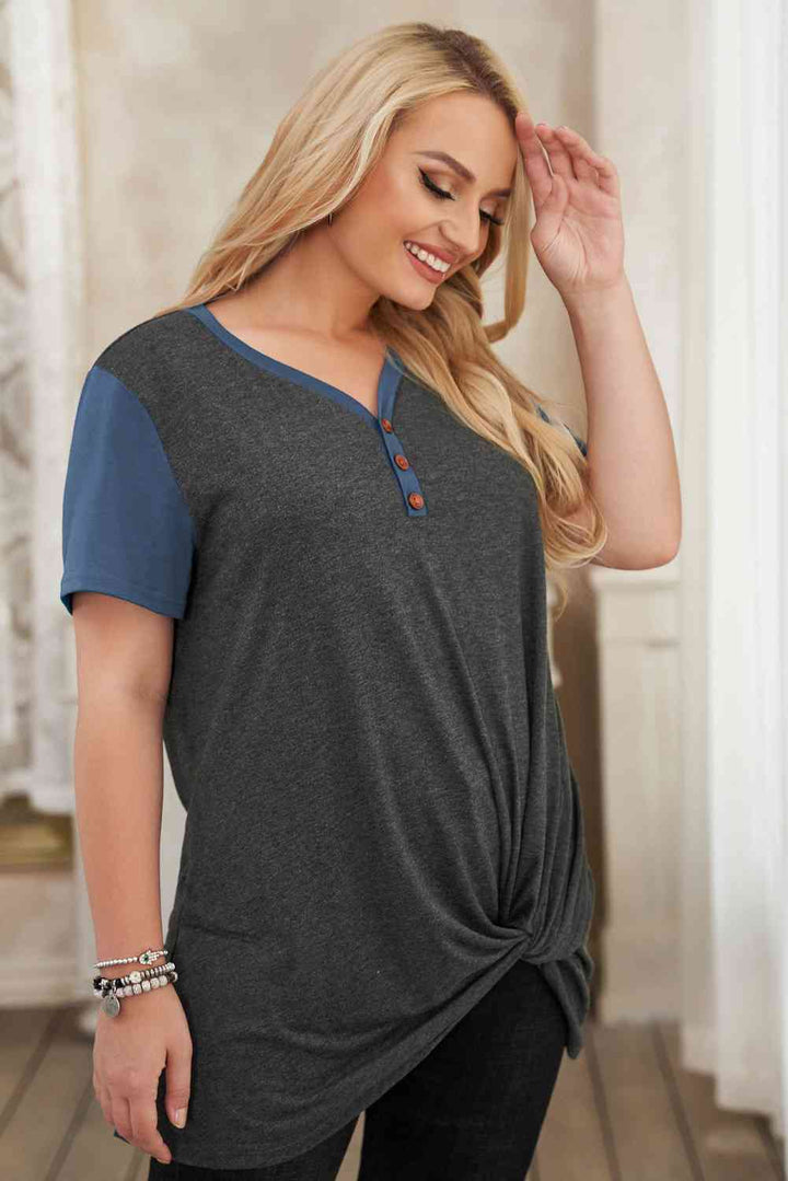 Plus Size Contrast Twisted Henley Tee | 1mrk.com