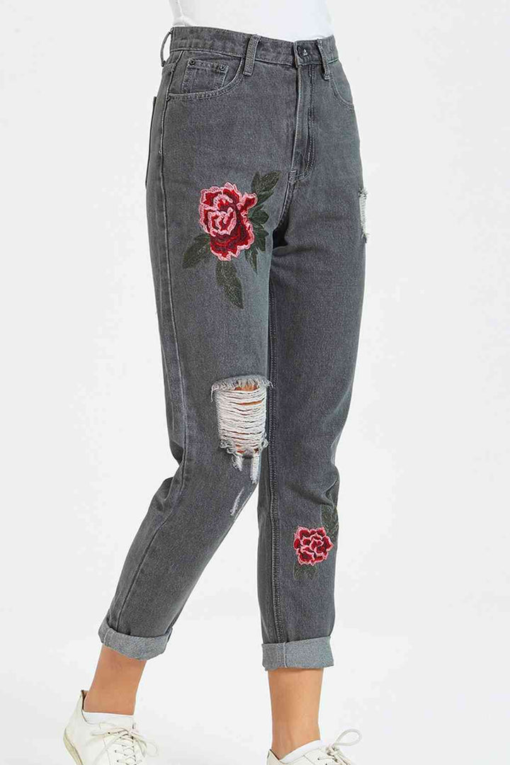 Flower Embroidery Distressed Jeans | 1mrk.com