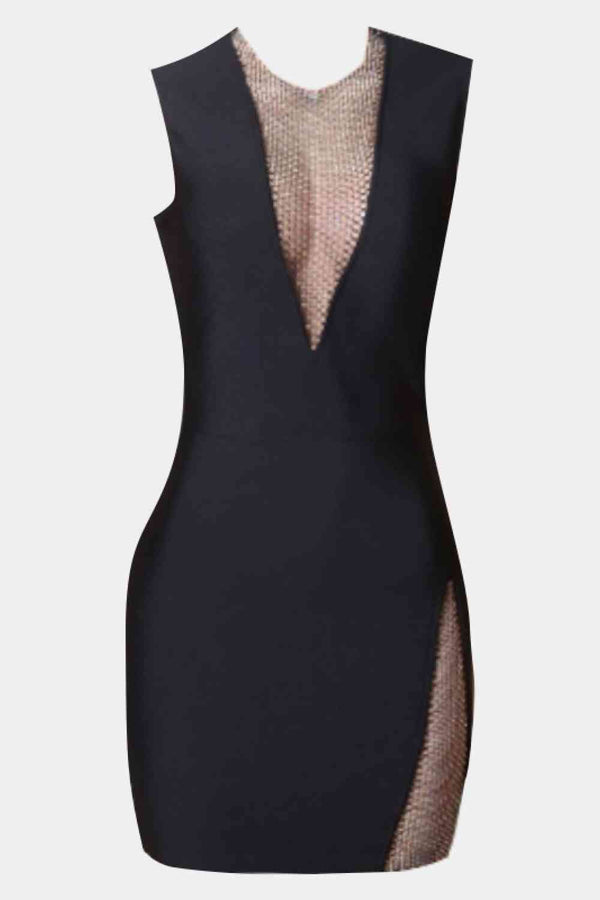 Rhinestone Detail Spliced Mesh Sleeveless Dress | 1mrk.com