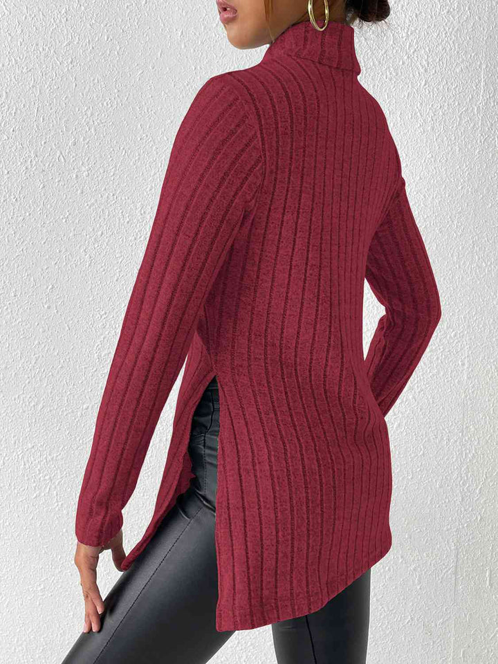 Ribbed Turtleneck Long Sleeve Slit T-Shirt | 1mrk.com