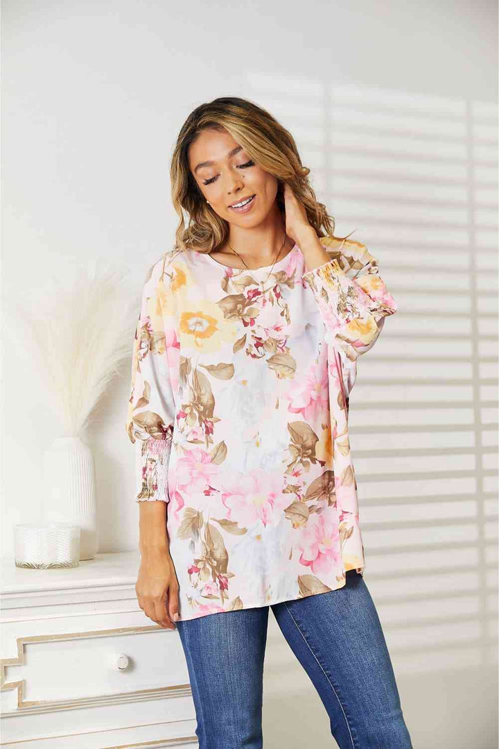 Double Take Floral Round Neck Three-Quarter Sleeve Top | 1mrk.com