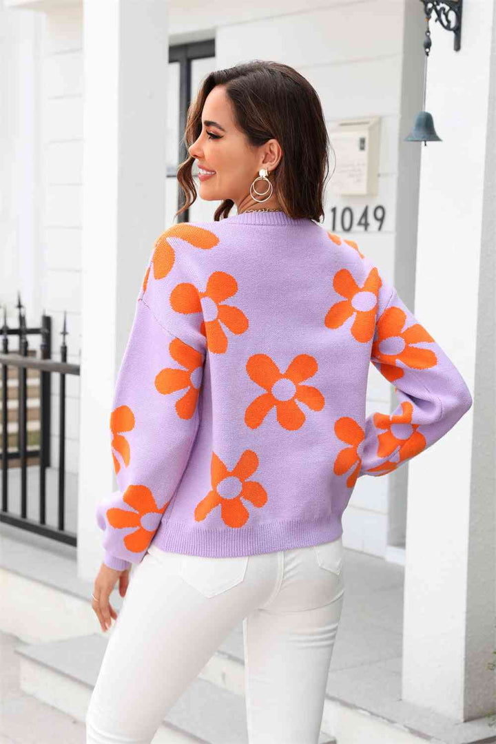 Floral Print Round Neck Dropped Shoulder Pullover Sweater |1mrk.com