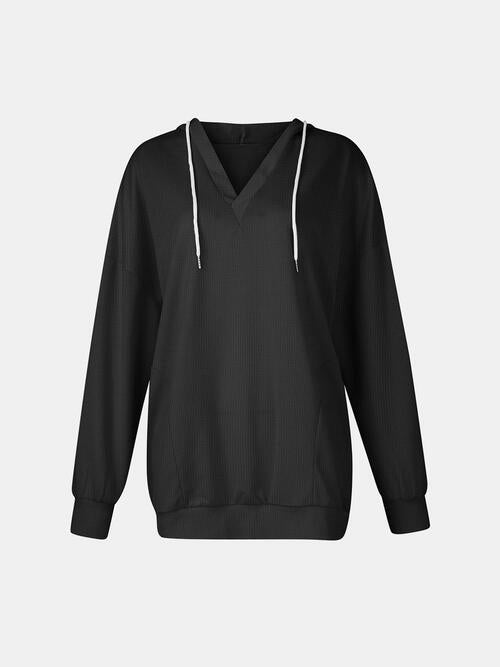 Drawstring V-Neck Long Sleeve Hoodie | 1mrk.com