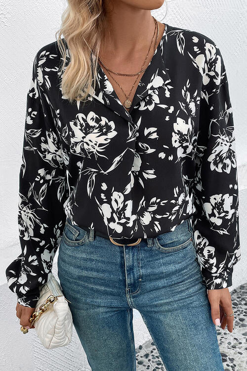 Floral Collared Neck Long Sleeve Top | 1mrk.com