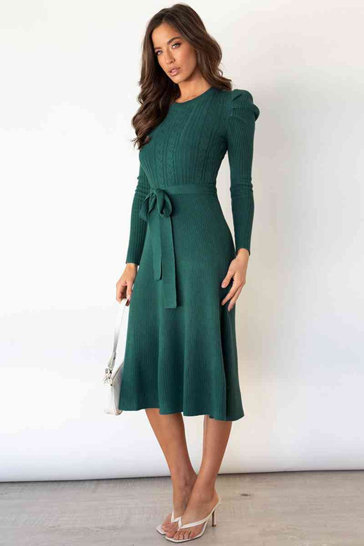 Round Neck Long Sleeve Tie Waist Sweater Dress | 1mrk.com