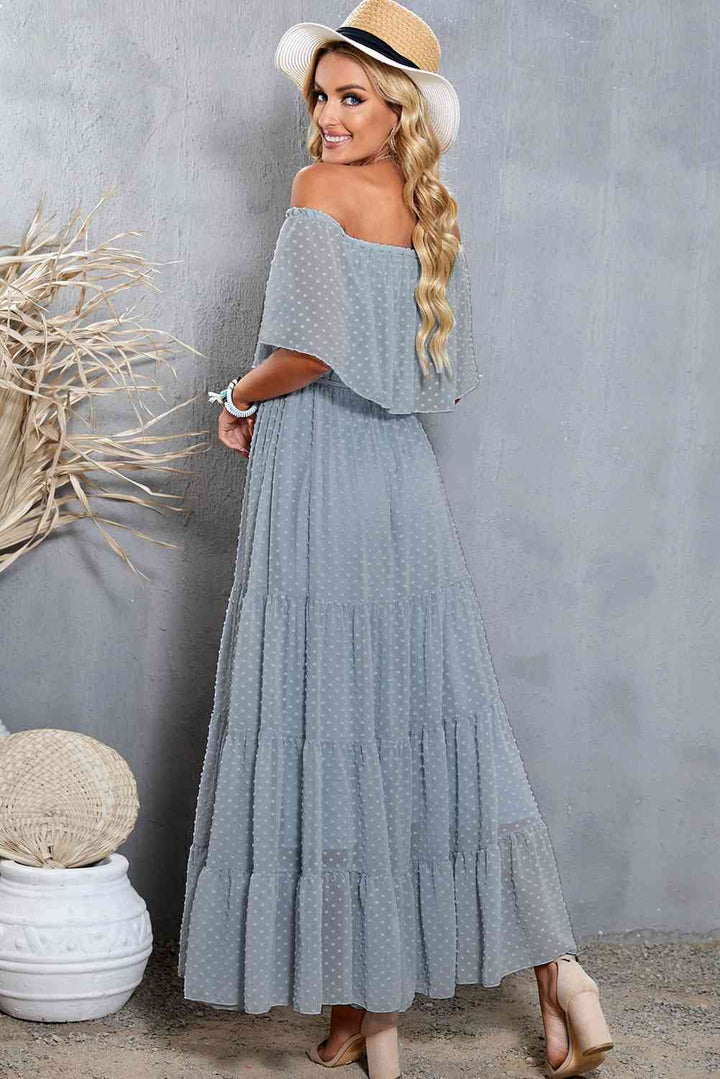 Swiss Dot Off-Shoulder Tiered Maxi Dress |1mrk.com