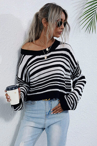 Striped Round Neck Dropped Shoulder Sweater | Trendsi