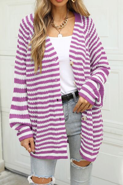 Striped Button Up Long Sleeve Cardigan |1mrk.com