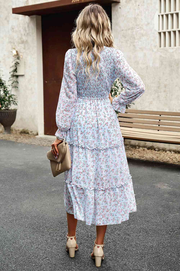 Smocked Flounce Sleeve Midi Dress | 1mrk.com