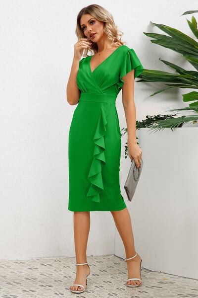 Ruffled Slit Surplice Cap Sleeve Dress |1mrk.com