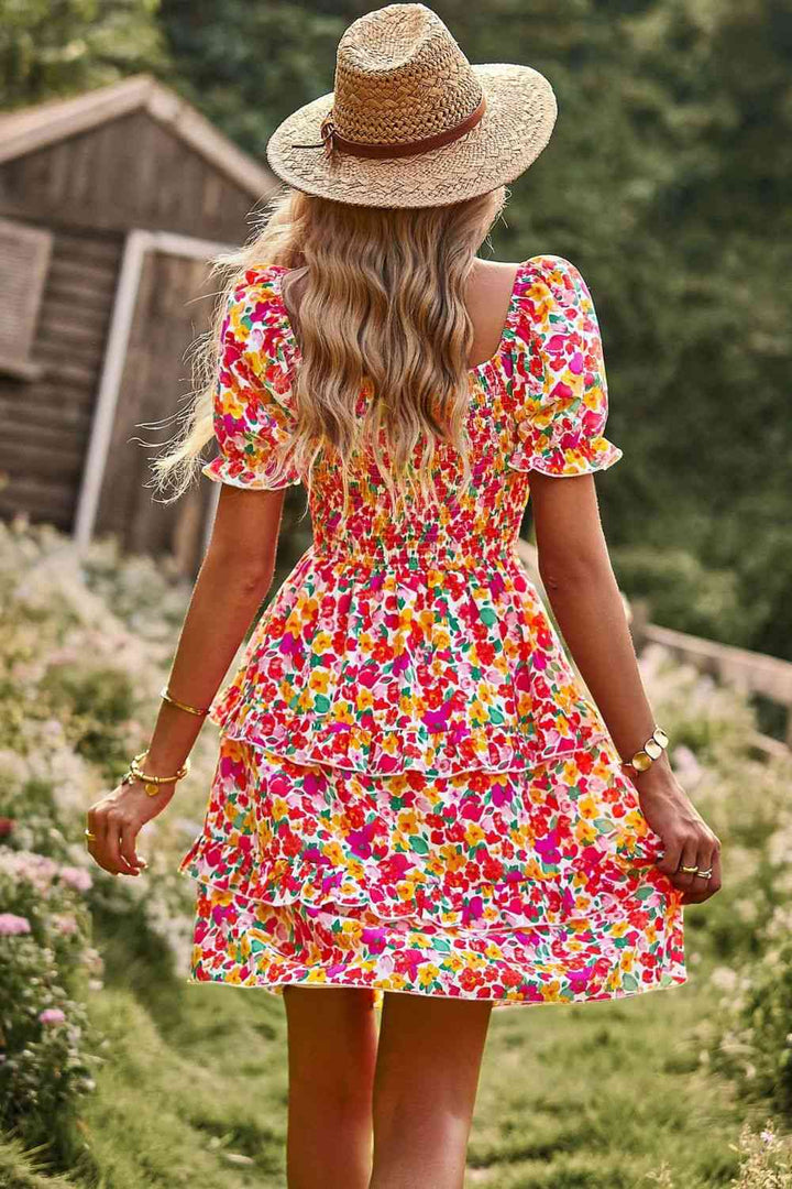 Smocked Sweetheart Neck Flounce Sleeve Mini Dress |1mrk.com