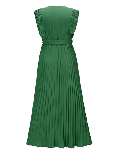 Tied Surplice Cap Sleeve Pleated Dress |1mrk.com